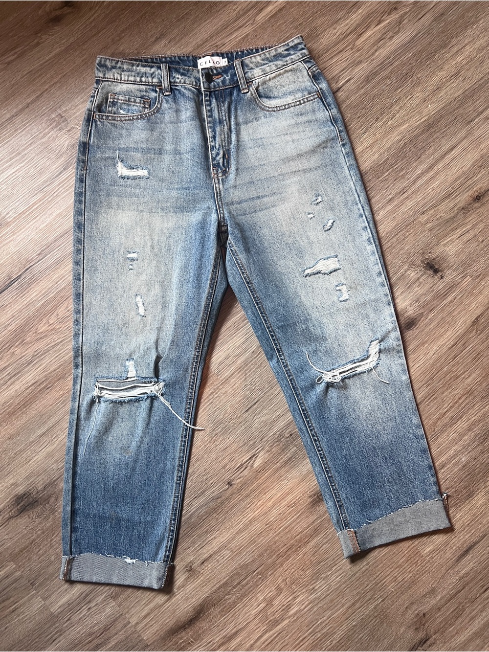 Cello Distressed Straight Leg Jeans in Light Blue Wash